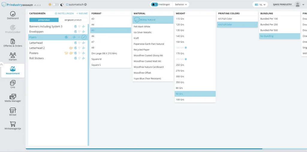 Assortiment in Prindustry Platform